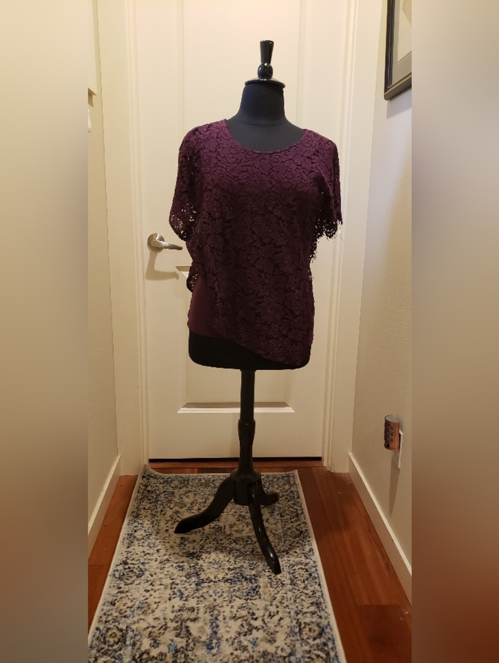 Artesian Crafted By Democracy Lace Overlay Short Sleeve Blouse - Deep Plum